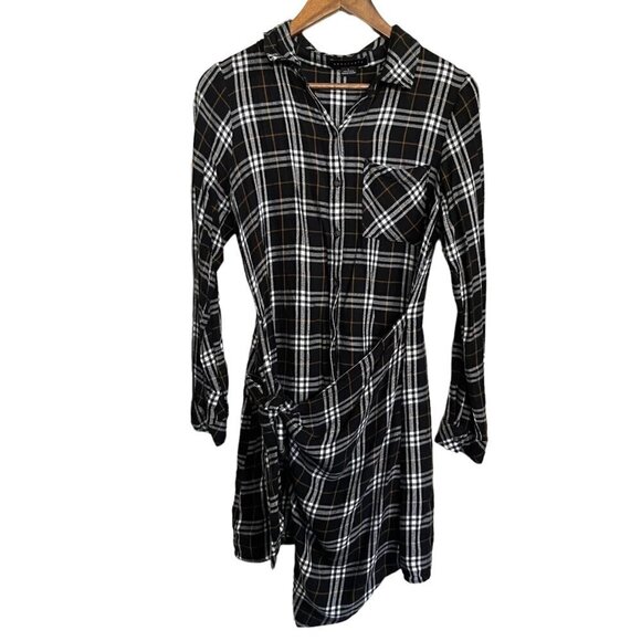 Sanctuary Womens Black Plaid Soft Faux Skirt Wrap Button Up Shirt Dress Small - Picture 1 of 7